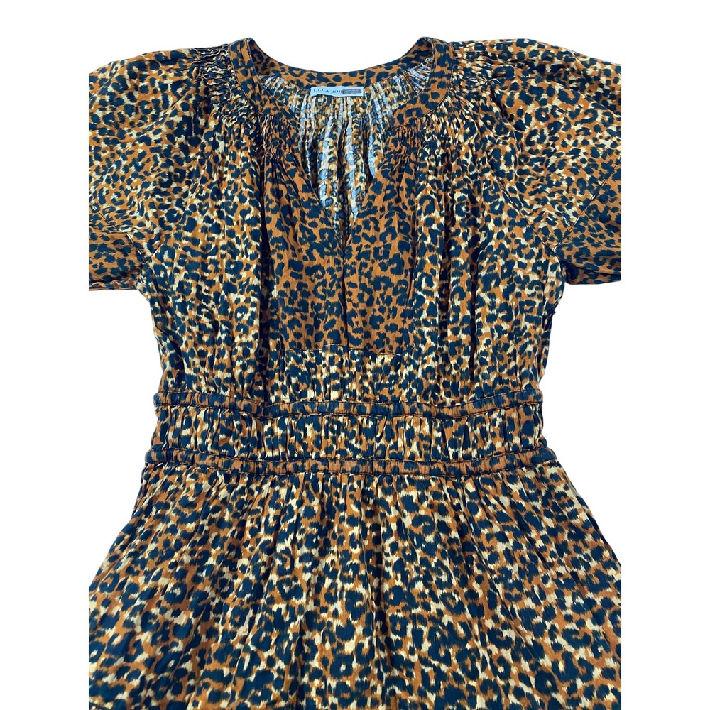 Ulla Johnson Leopard Print Mini Dress Brown V-Neck Puff Sleeve Smocked Waist 2 - Picture 5 of 15